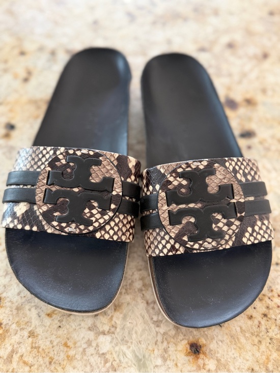 Tory Burch Shoes - Tory Burch Black & Tan Snakeskin-Print Logo Slide Sandals